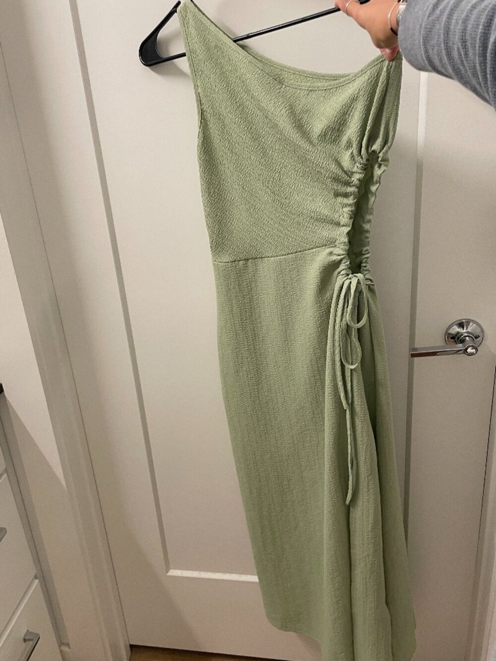 Sage Green One-Shoulder Ruched Dress